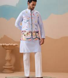 SKY BLUE SILK PREMIUM THREAD & SEQUINS EMBROIDERED WORK WEDDING FESTIVAL PARTY WEAR STRAIGHT KURTA WITH JACKE AND PANT