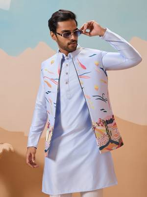 SKY BLUE SILK PREMIUM THREAD & SEQUINS EMBROIDERED WORK WEDDING FESTIVAL PARTY WEAR STRAIGHT KURTA WITH JACKE AND PANT 3