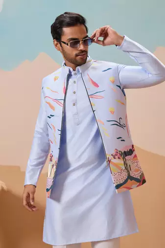 SKY BLUE SILK PREMIUM THREAD & SEQUINS EMBROIDERED WORK WEDDING FESTIVAL PARTY WEAR STRAIGHT KURTA WITH JACKE AND PANT