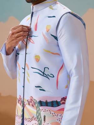 SKY BLUE SILK PREMIUM THREAD & SEQUINS EMBROIDERED WORK WEDDING FESTIVAL PARTY WEAR STRAIGHT KURTA WITH JACKE AND PANT 4