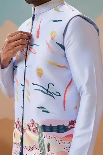 SKY BLUE SILK PREMIUM THREAD & SEQUINS EMBROIDERED WORK WEDDING FESTIVAL PARTY WEAR STRAIGHT KURTA WITH JACKE AND PANT
