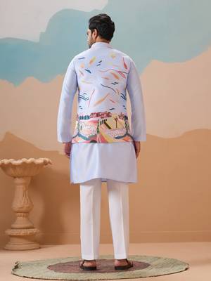 SKY BLUE SILK PREMIUM THREAD & SEQUINS EMBROIDERED WORK WEDDING FESTIVAL PARTY WEAR STRAIGHT KURTA WITH JACKE AND PANT 5