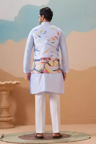 SKY BLUE SILK PREMIUM THREAD & SEQUINS EMBROIDERED WORK WEDDING FESTIVAL PARTY WEAR STRAIGHT KURTA WITH JACKE AND PANT