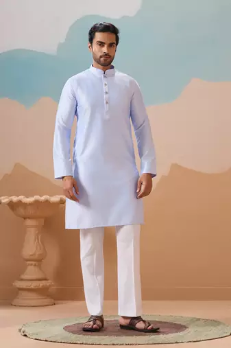 SKY BLUE SILK PREMIUM THREAD & SEQUINS EMBROIDERED WORK WEDDING FESTIVAL PARTY WEAR STRAIGHT KURTA WITH JACKE AND PANT