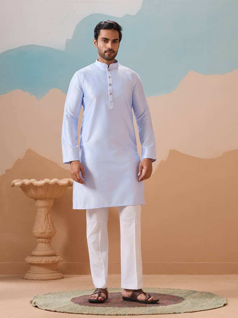 Sky blue silk premium thread & sequins embroidered work wedding festival party wear straight kurta with jacke and pant