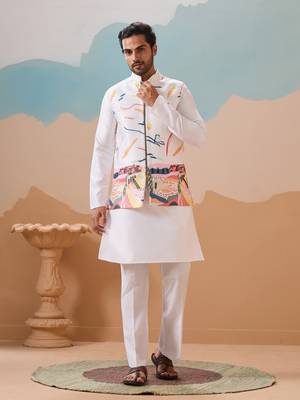 WHITE SILK PREMIUM THREAD & SEQUINS EMBROIDERED WORK WEDDING FESTIVAL PARTY WEAR STRAIGHT KURTA WITH JACKE AND PANT 1