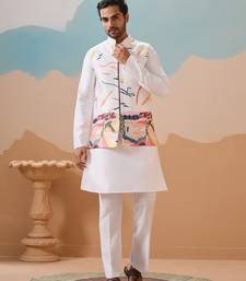 WHITE SILK PREMIUM THREAD & SEQUINS EMBROIDERED WORK WEDDING FESTIVAL PARTY WEAR STRAIGHT KURTA WITH JACKE AND PANT