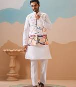 White silk premium thread & sequins embroidered work wedding festival party wear straight kurta with jacke and pant