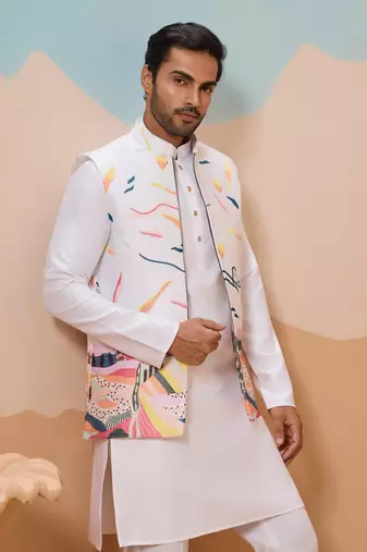 WHITE SILK PREMIUM THREAD & SEQUINS EMBROIDERED WORK WEDDING FESTIVAL PARTY WEAR STRAIGHT KURTA WITH JACKE AND PANT