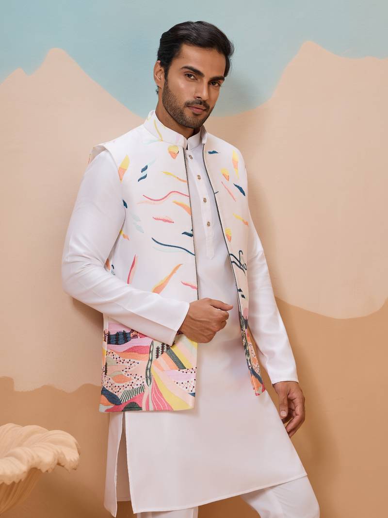 White silk premium thread & sequins embroidered work wedding festival party wear straight kurta with jacke and pant