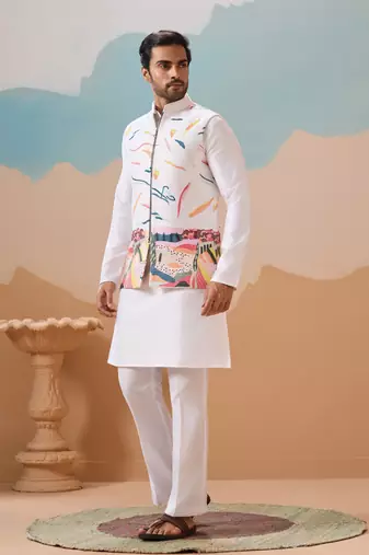 WHITE SILK PREMIUM THREAD & SEQUINS EMBROIDERED WORK WEDDING FESTIVAL PARTY WEAR STRAIGHT KURTA WITH JACKE AND PANT
