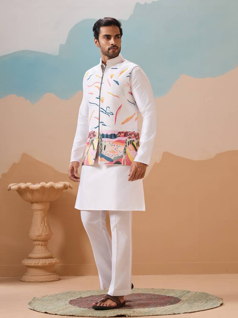 White silk premium thread & sequins embroidered work wedding festival party wear straight kurta with jacke and pant