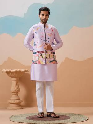 LAVENDER SILK PREMIUM THREAD & SEQUINS EMBROIDERED WORK WEDDING FESTIVAL PARTY WEAR STRAIGHT KURTA WITH JACKE AND PANT 1