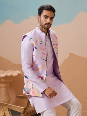 LAVENDER SILK PREMIUM THREAD & SEQUINS EMBROIDERED WORK WEDDING FESTIVAL PARTY WEAR STRAIGHT KURTA WITH JACKE AND PANT 3