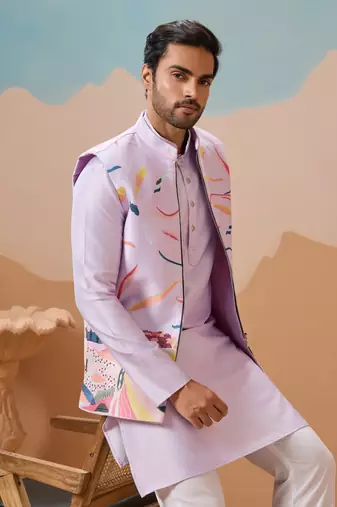 LAVENDER SILK PREMIUM THREAD & SEQUINS EMBROIDERED WORK WEDDING FESTIVAL PARTY WEAR STRAIGHT KURTA WITH JACKE AND PANT