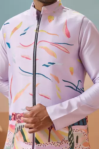 LAVENDER SILK PREMIUM THREAD & SEQUINS EMBROIDERED WORK WEDDING FESTIVAL PARTY WEAR STRAIGHT KURTA WITH JACKE AND PANT