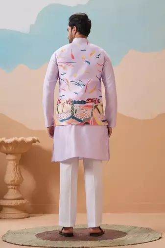 LAVENDER SILK PREMIUM THREAD & SEQUINS EMBROIDERED WORK WEDDING FESTIVAL PARTY WEAR STRAIGHT KURTA WITH JACKE AND PANT