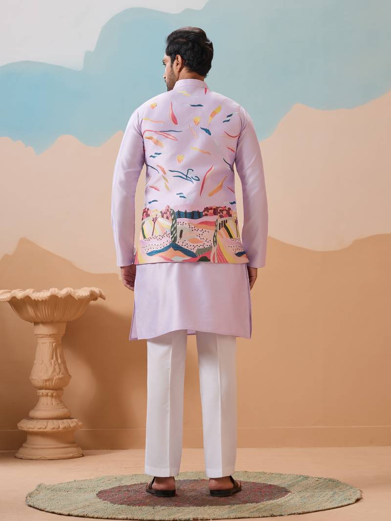 Lavender silk premium thread & sequins embroidered work wedding festival party wear straight kurta with jacke and pant