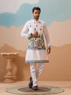WHITE VISCOSE SILK THREAD & SEQUINS EMBROIDERED WORK WEDDING FESTIVAL PARTY WEAR STRAIGHT KURTA WITH JACKE AND PANT 1