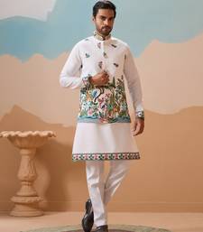 WHITE VISCOSE SILK THREAD & SEQUINS EMBROIDERED WORK WEDDING FESTIVAL PARTY WEAR STRAIGHT KURTA WITH JACKE AND PANT