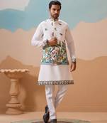 White viscose silk thread & sequins embroidered work wedding festival party wear straight kurta with jacke and pant