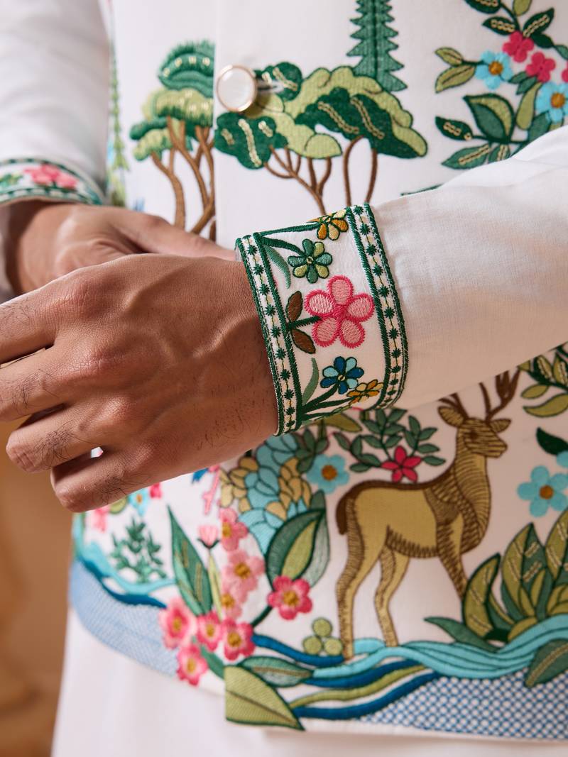 White viscose silk thread & sequins embroidered work wedding festival party wear straight kurta with jacke and pant