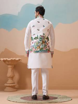WHITE VISCOSE SILK THREAD & SEQUINS EMBROIDERED WORK WEDDING FESTIVAL PARTY WEAR STRAIGHT KURTA WITH JACKE AND PANT 5