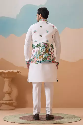 WHITE VISCOSE SILK THREAD & SEQUINS EMBROIDERED WORK WEDDING FESTIVAL PARTY WEAR STRAIGHT KURTA WITH JACKE AND PANT