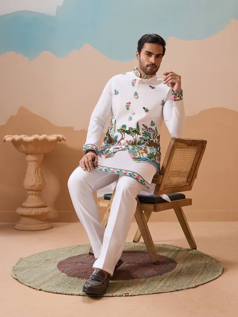 White viscose silk thread & sequins embroidered work wedding festival party wear straight kurta with jacke and pant