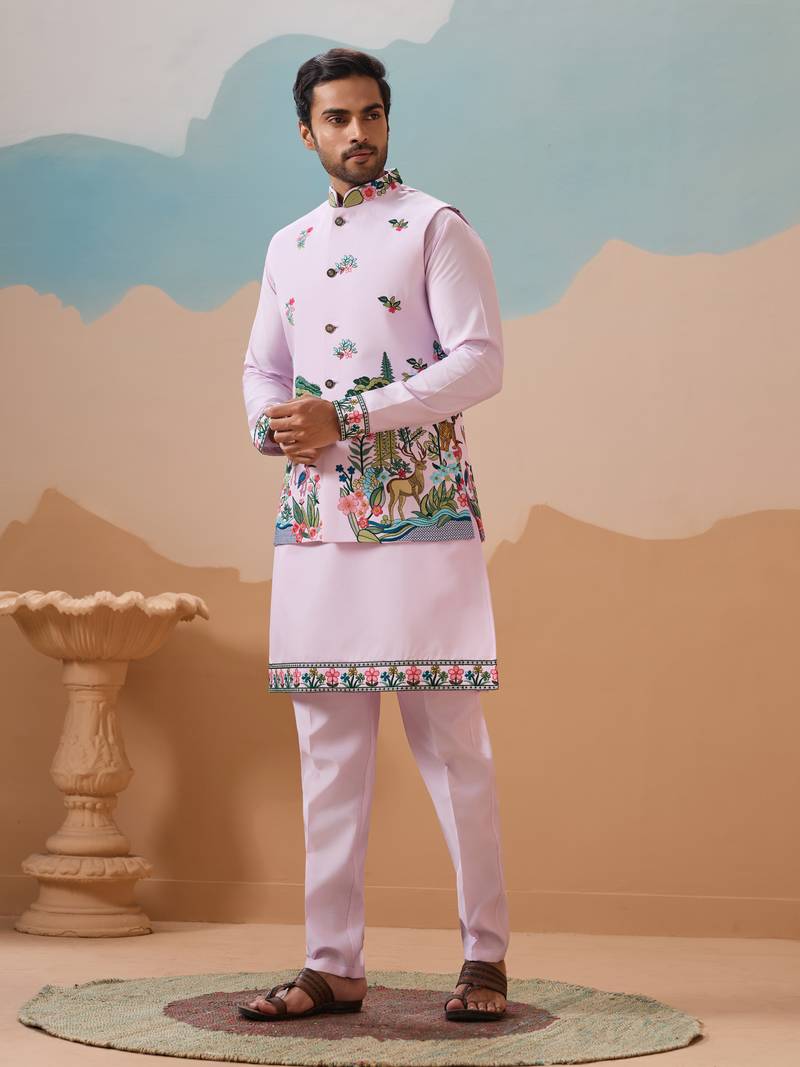 Lavender viscose silk thread & sequins embroidered work wedding festival party wear straight kurta with jacke and pant