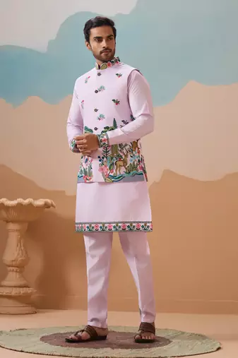 Lavender viscose silk thread & sequins embroidered work wedding festival party wear straight kurta with jacke and pant