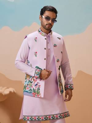 LAVENDER VISCOSE SILK THREAD & SEQUINS EMBROIDERED WORK WEDDING FESTIVAL PARTY WEAR STRAIGHT KURTA WITH JACKE AND PANT 3