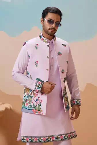 LAVENDER VISCOSE SILK THREAD & SEQUINS EMBROIDERED WORK WEDDING FESTIVAL PARTY WEAR STRAIGHT KURTA WITH JACKE AND PANT