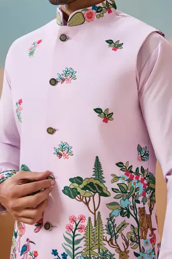 LAVENDER VISCOSE SILK THREAD & SEQUINS EMBROIDERED WORK WEDDING FESTIVAL PARTY WEAR STRAIGHT KURTA WITH JACKE AND PANT