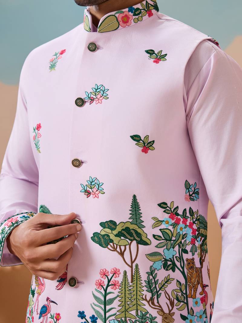 Lavender viscose silk thread & sequins embroidered work wedding festival party wear straight kurta with jacke and pant