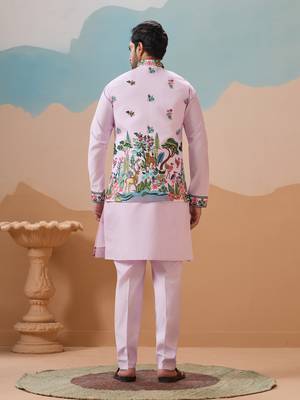 LAVENDER VISCOSE SILK THREAD & SEQUINS EMBROIDERED WORK WEDDING FESTIVAL PARTY WEAR STRAIGHT KURTA WITH JACKE AND PANT 6