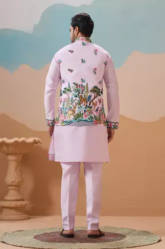 LAVENDER VISCOSE SILK THREAD & SEQUINS EMBROIDERED WORK WEDDING FESTIVAL PARTY WEAR STRAIGHT KURTA WITH JACKE AND PANT