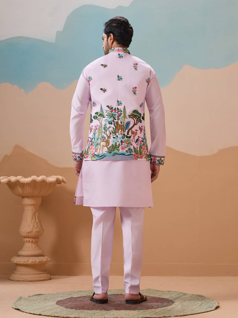 Lavender viscose silk thread & sequins embroidered work wedding festival party wear straight kurta with jacke and pant