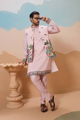 Light pink viscose silk thread & sequins embroidered work wedding festival party wear straight kurta with jacke and pant