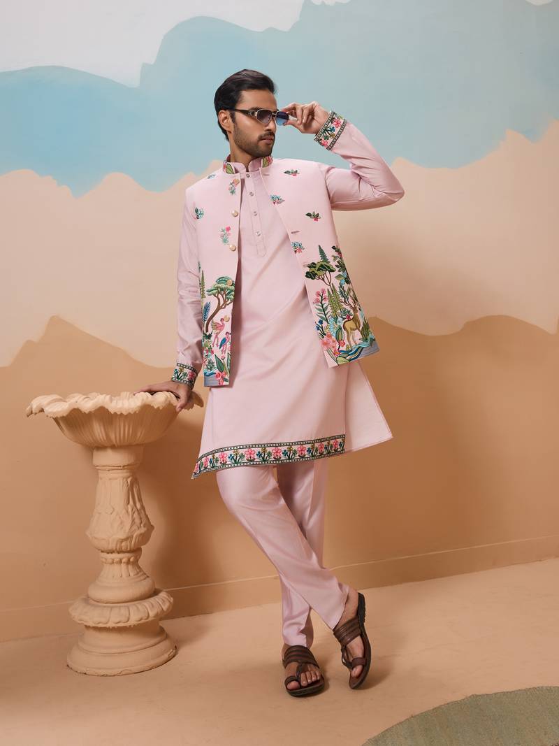 Light pink viscose silk thread & sequins embroidered work wedding festival party wear straight kurta with jacke and pant