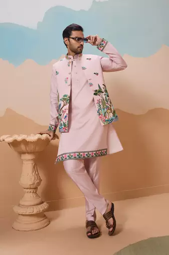 Light pink viscose silk thread & sequins embroidered work wedding festival party wear straight kurta with jacke and pant
