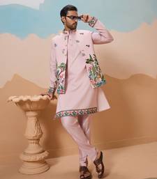 LIGHT PINK VISCOSE SILK THREAD & SEQUINS EMBROIDERED WORK WEDDING FESTIVAL PARTY WEAR STRAIGHT KURTA WITH JACKE AND PANT