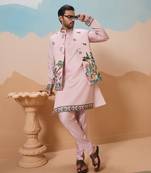 Light pink viscose silk thread & sequins embroidered work wedding festival party wear straight kurta with jacke and pant