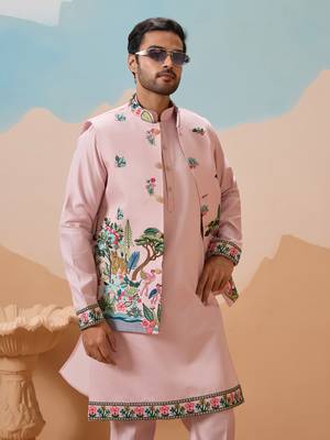 LIGHT PINK VISCOSE SILK THREAD & SEQUINS EMBROIDERED WORK WEDDING FESTIVAL PARTY WEAR STRAIGHT KURTA WITH JACKE AND PANT 3