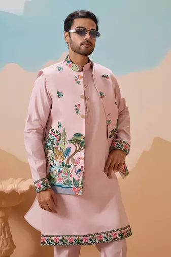 LIGHT PINK VISCOSE SILK THREAD & SEQUINS EMBROIDERED WORK WEDDING FESTIVAL PARTY WEAR STRAIGHT KURTA WITH JACKE AND PANT