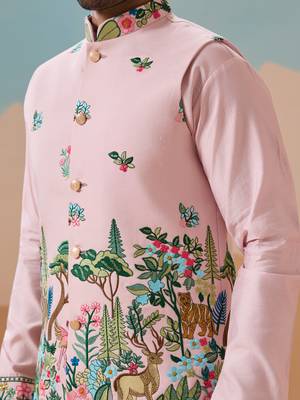 LIGHT PINK VISCOSE SILK THREAD & SEQUINS EMBROIDERED WORK WEDDING FESTIVAL PARTY WEAR STRAIGHT KURTA WITH JACKE AND PANT 4