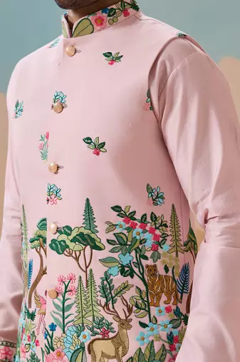 LIGHT PINK VISCOSE SILK THREAD & SEQUINS EMBROIDERED WORK WEDDING FESTIVAL PARTY WEAR STRAIGHT KURTA WITH JACKE AND PANT