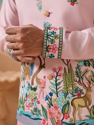 LIGHT PINK VISCOSE SILK THREAD & SEQUINS EMBROIDERED WORK WEDDING FESTIVAL PARTY WEAR STRAIGHT KURTA WITH JACKE AND PANT 5