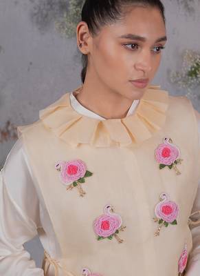 Beige embroidered satin co ord set 2