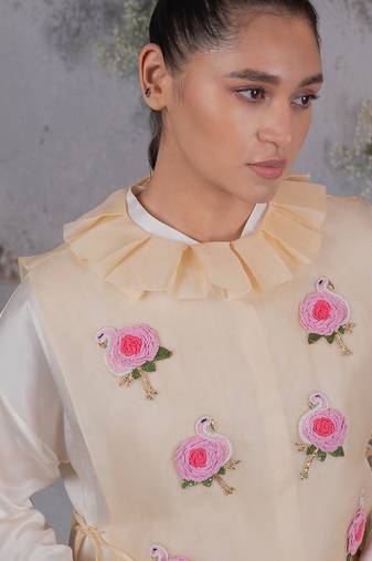 Beige embroidered satin co ord set